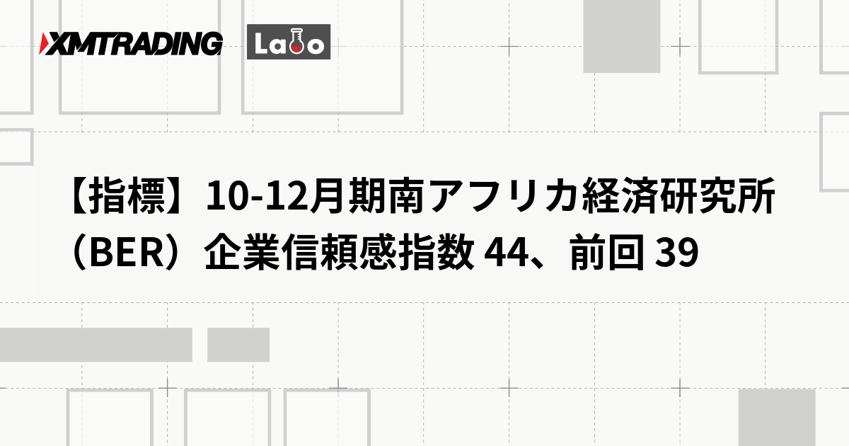 【指標】10-12月期南アフリカ経済研究所（BER）企業信頼感指数 44、前回 39