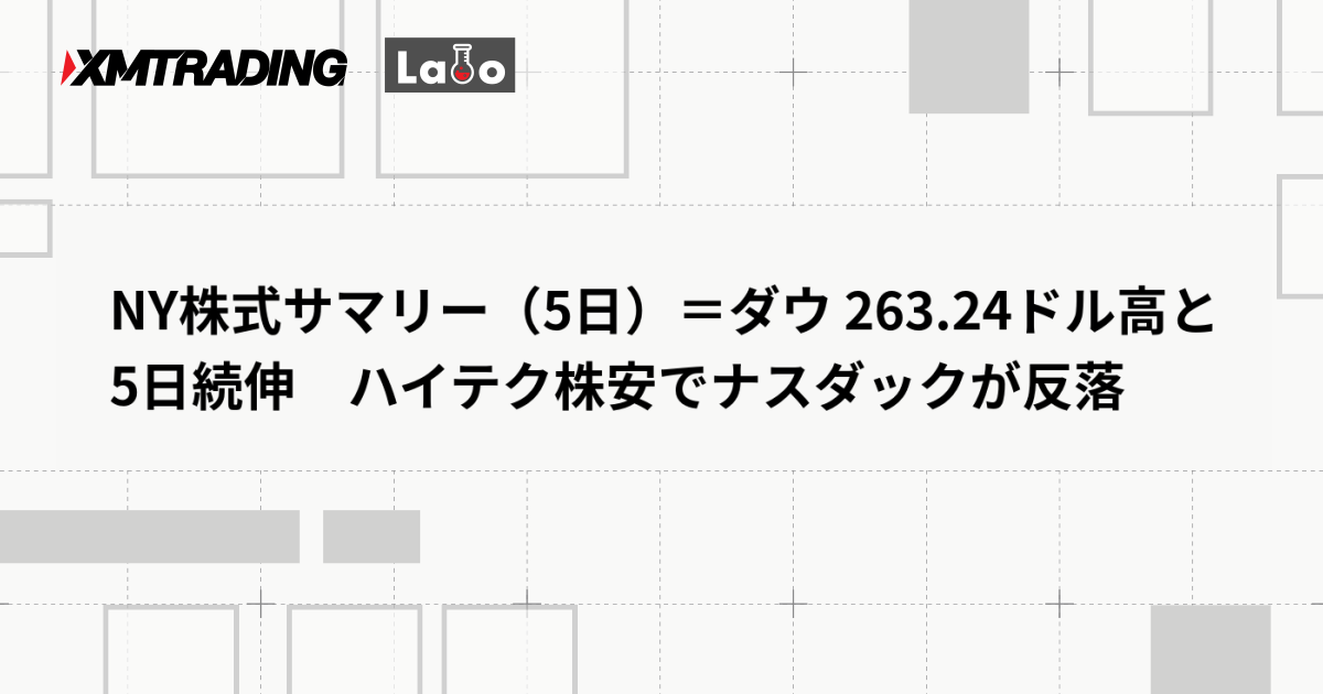 NY株式サマリー（5日）＝ダウ 263.24ドル高と5日続伸　ハイテク株安でナスダックが反落