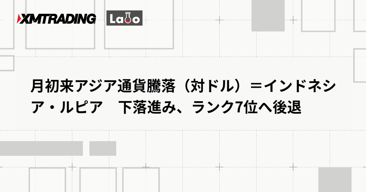 月初来アジア通貨騰落（対ドル）＝インドネシア・ルピア　下落進み、ランク7位へ後退