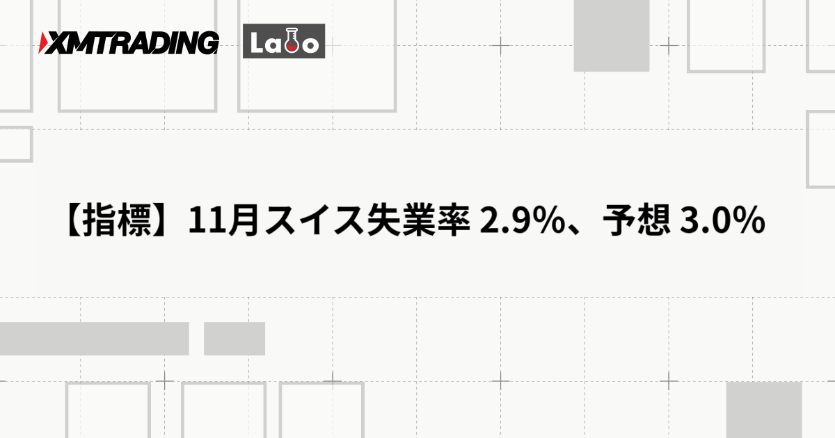 【指標】11月スイス失業率 2.9％、予想 3.0％