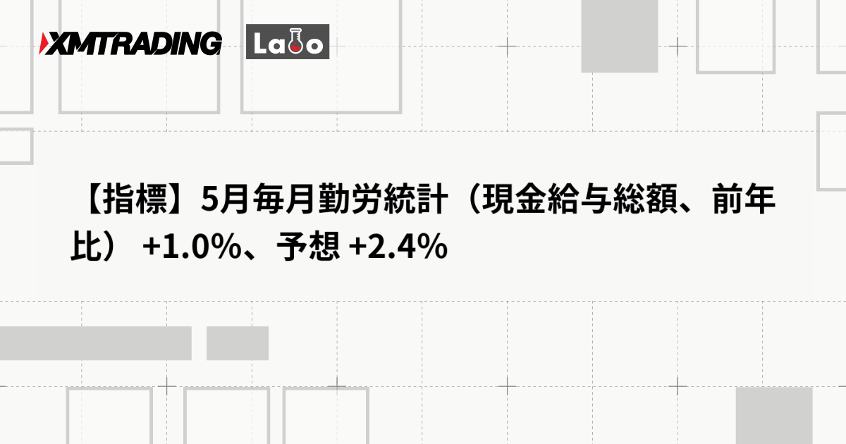 【指標】5月毎月勤労統計（現金給与総額、前年比） +1.0％、予想 +2.4％