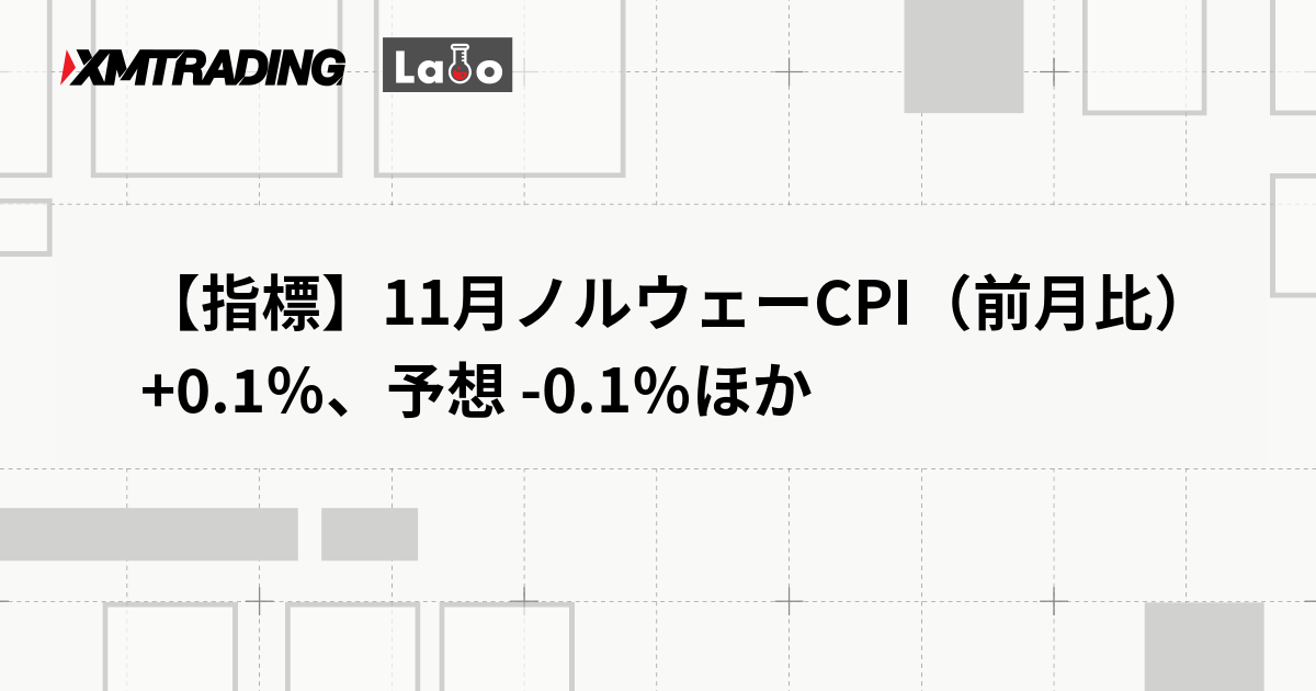 【指標】11月ノルウェーCPI（前月比） +0.1％、予想 -0.1％ほか