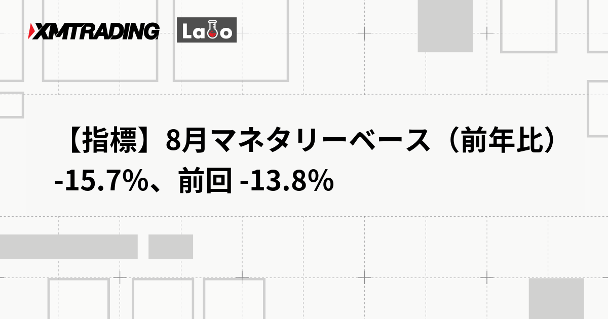 【指標】8月マネタリーベース（前年比） -15.7％、前回 -13.8％