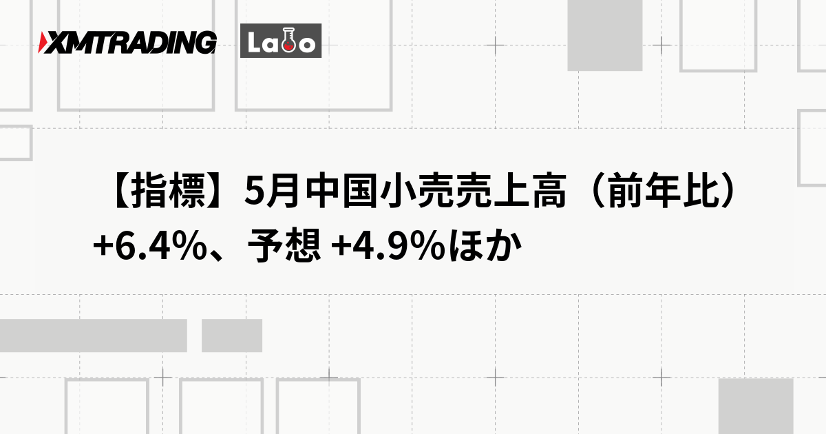 【指標】5月中国小売売上高（前年比） +6.4％、予想 +4.9％ほか