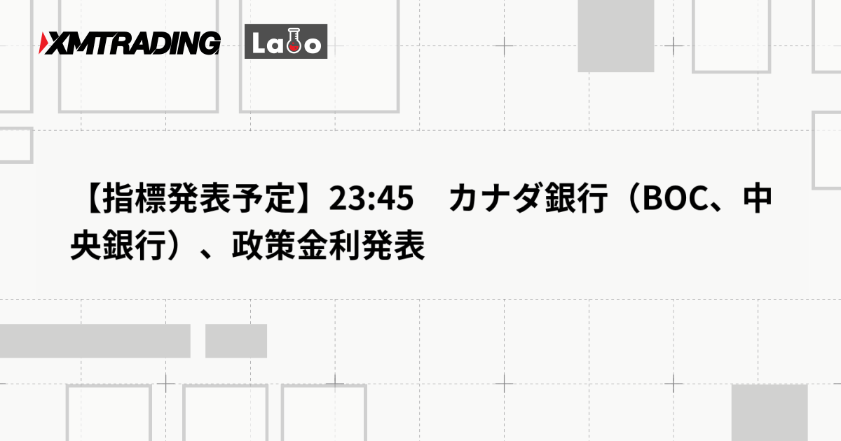【指標発表予定】23:45　カナダ銀行（BOC、中央銀行）、政策金利発表
