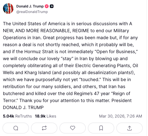 Trump's Truth Social Post on March 30
