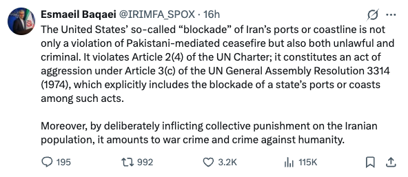 Iran Foreign Ministry spokesperson's X post