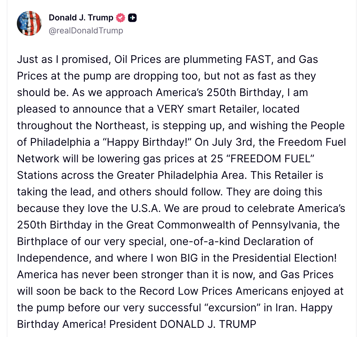 Trump Truth Social Post July 1