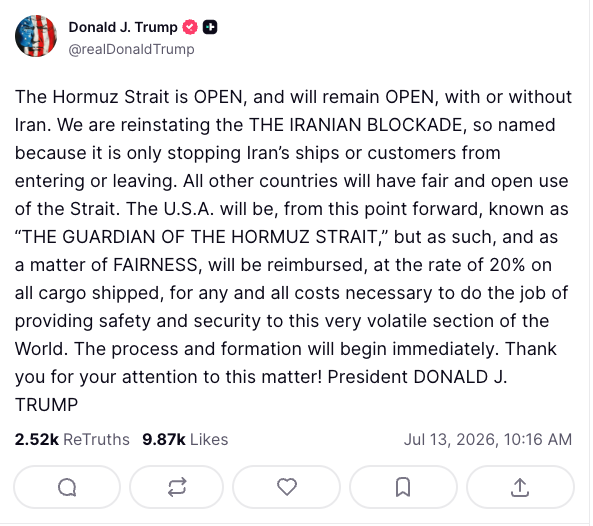 Trump Truth Social Post July 13, 2026