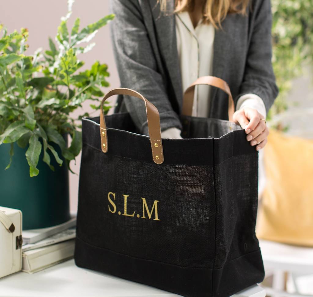 Personalised Black And Leather Jute Shopper