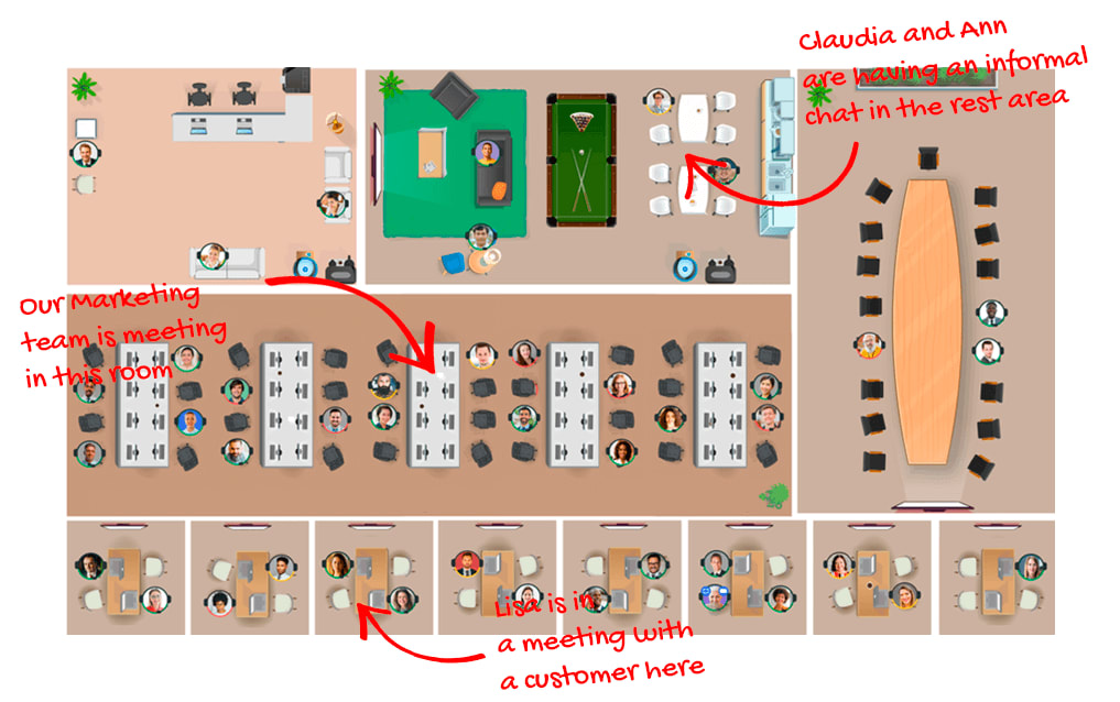 MyHive top map view showing room types and what people are doing