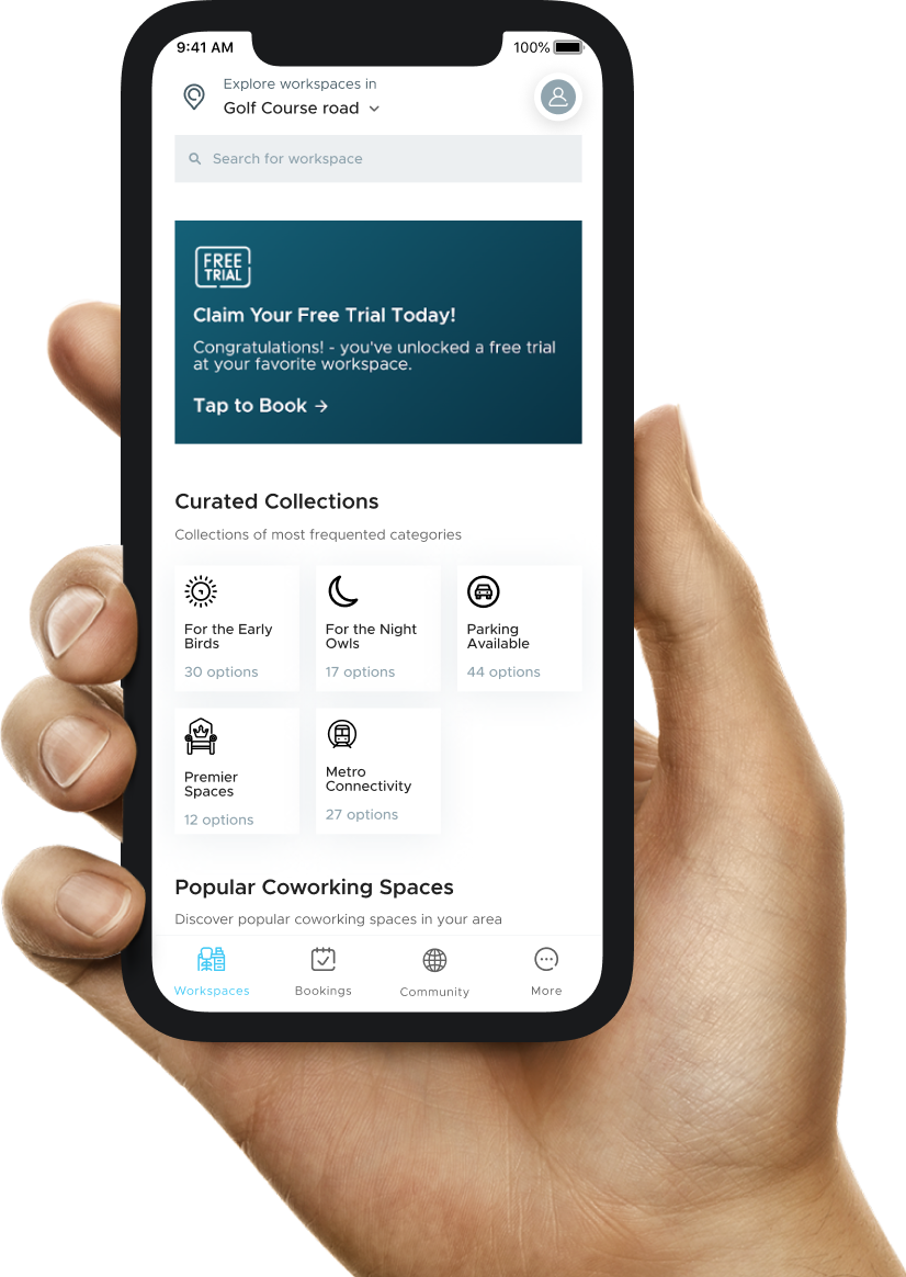 The myHQ app showing nearby workspaces
