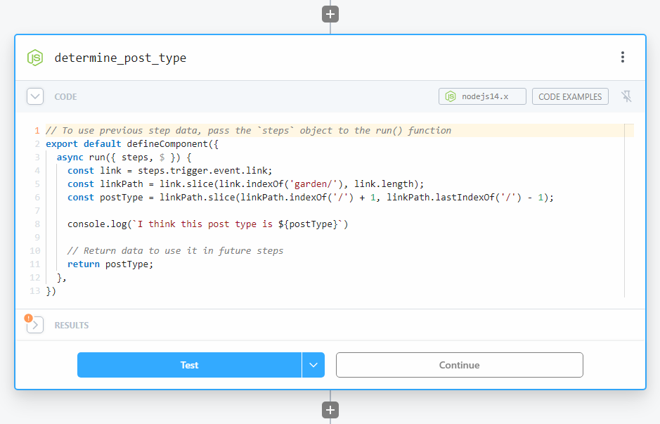 photo of the pipedream UI; editing the node processing step as described above.