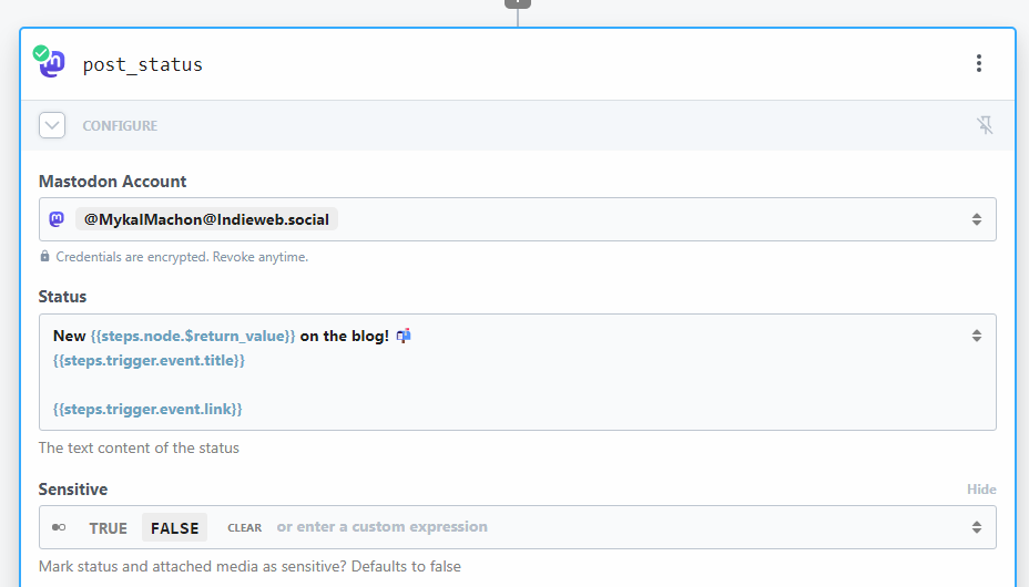 pipedream UI for managing the mastodon step for posting. 