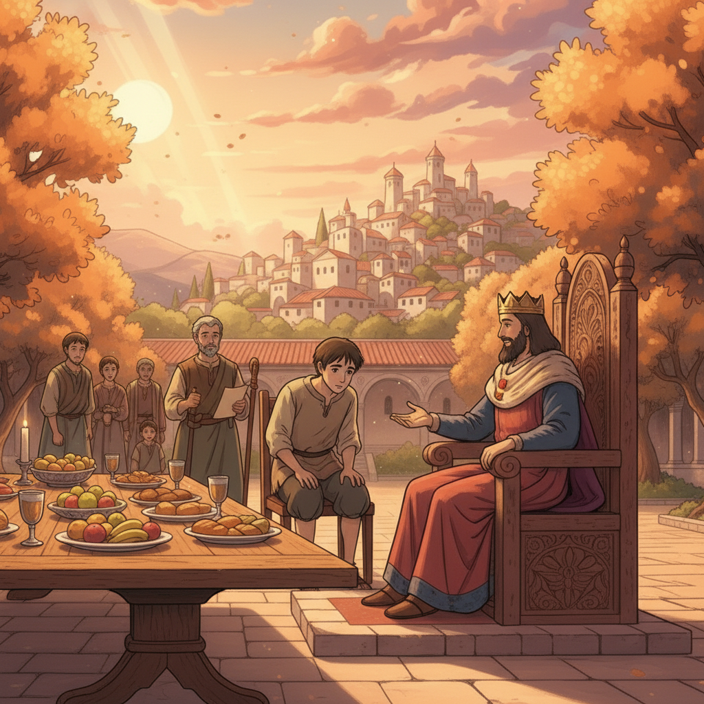 David gave Mephibosheth all the land that belonged to Saul. He also invited Mephibosheth to eat at the king’s table for the rest of his life, just like one of the king’s sons. David ordered Ziba, Saul...