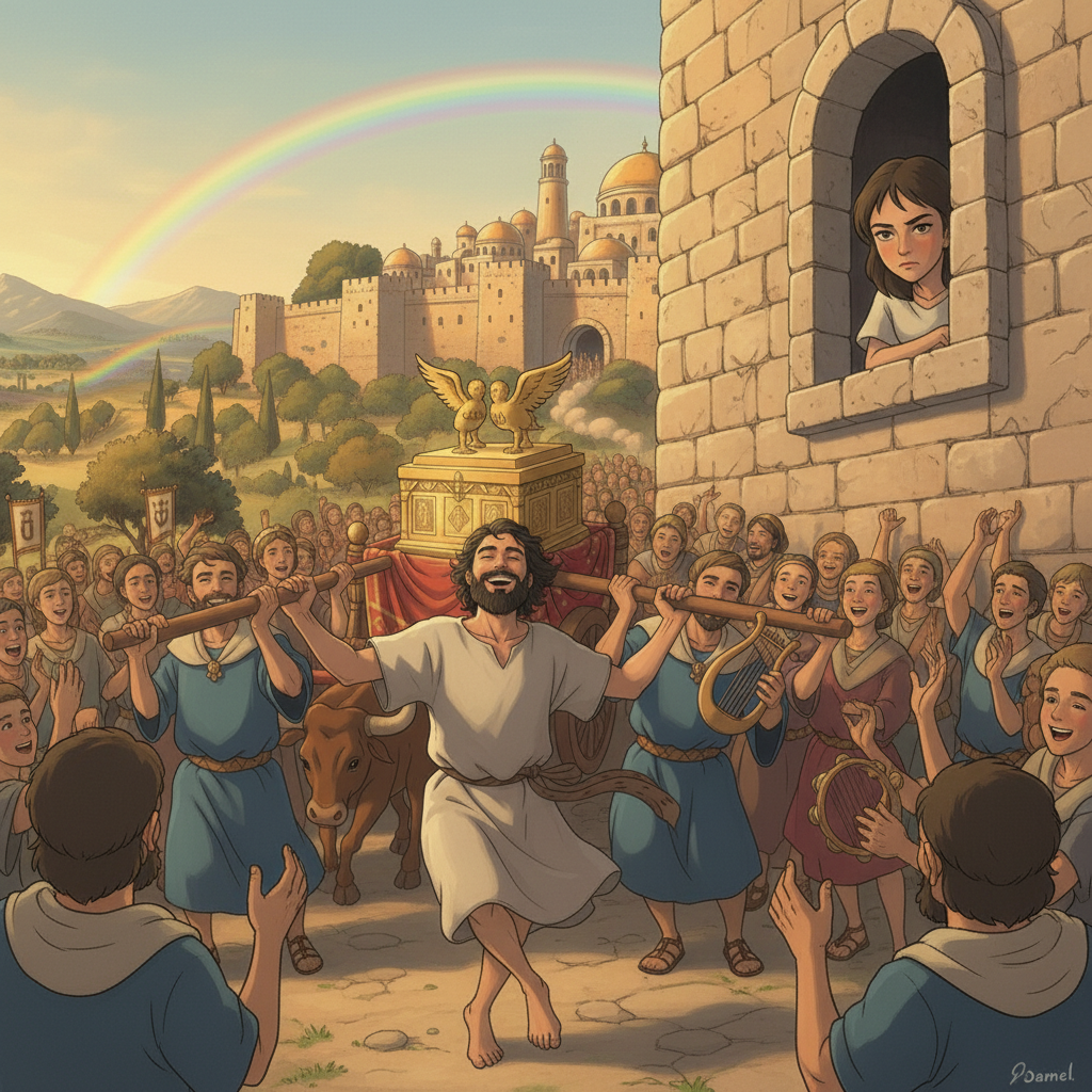 As the ark entered Jerusalem, Michal, David’s wife, watched him from a window. She felt embarrassed and spoke badly about David’s dancing. David explained that he was dancing to honor the Lord, not to...