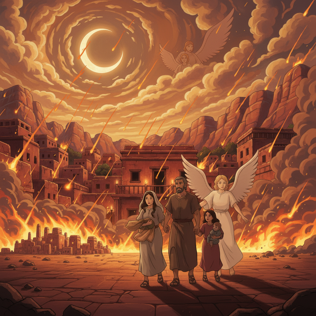 The angels told Lot to gather his family and leave the city because God was going to destroy it. They warned him not to look back or stop anywhere in the plain. Lot tried to warn his sons-in-law, but ...