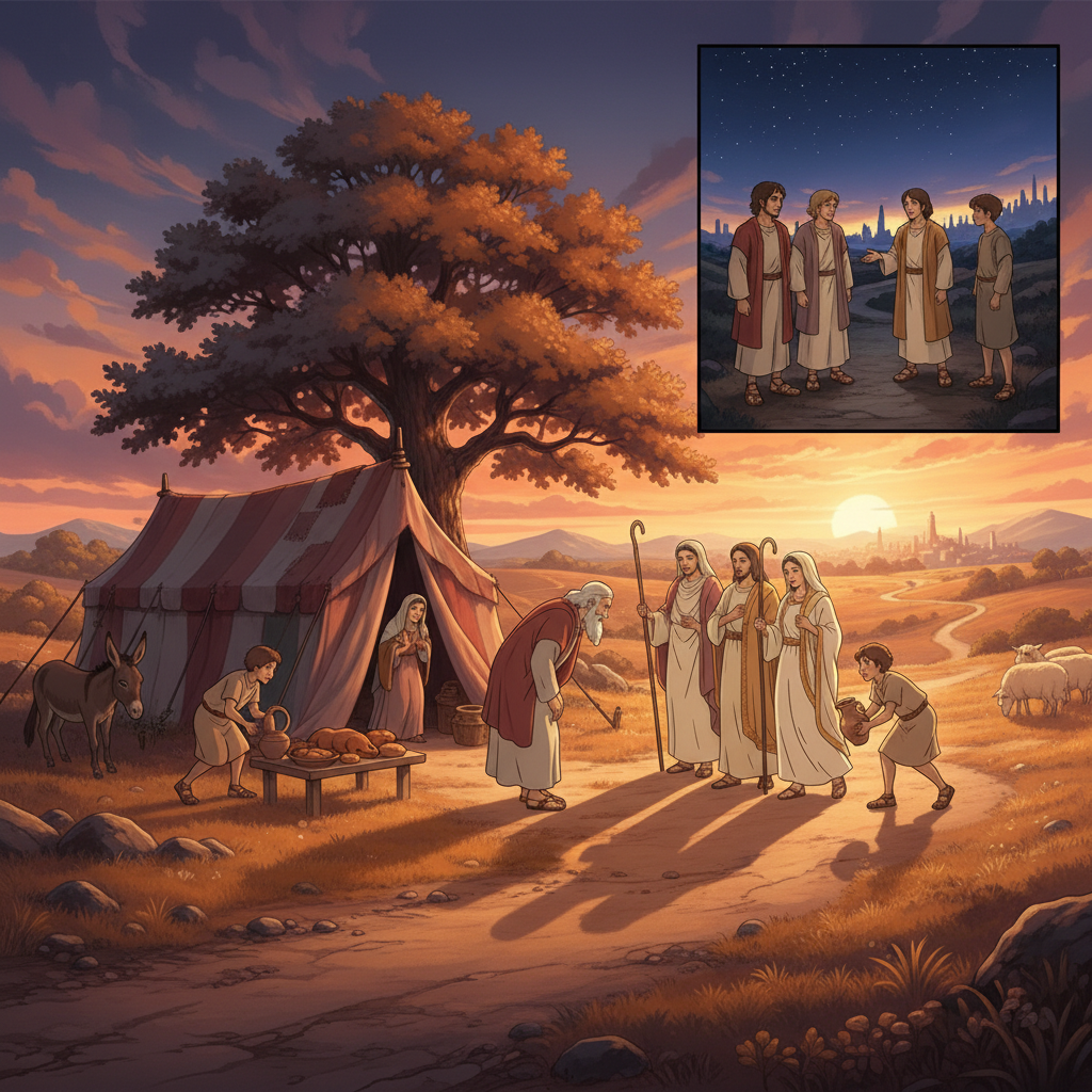 While Abraham served the men, God told Abraham that Sarah, his wife, would have a son. Sarah was very old, but she laughed quietly because she thought it was impossible. God reminded her that nothing ...