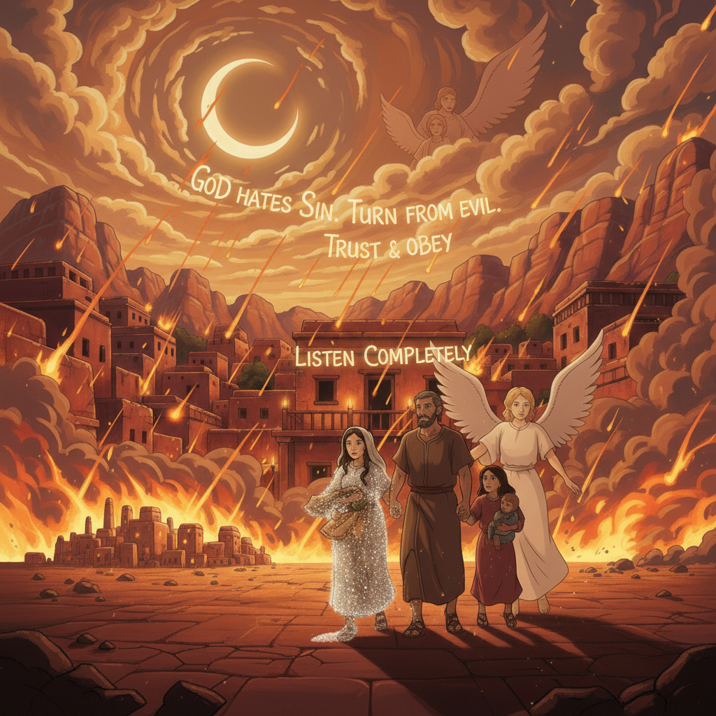 Genesis 19 teaches us that God hates sin, warns people to turn away from evil, and protects those who trust and obey Him. It also teaches the importance of listening to God completely.