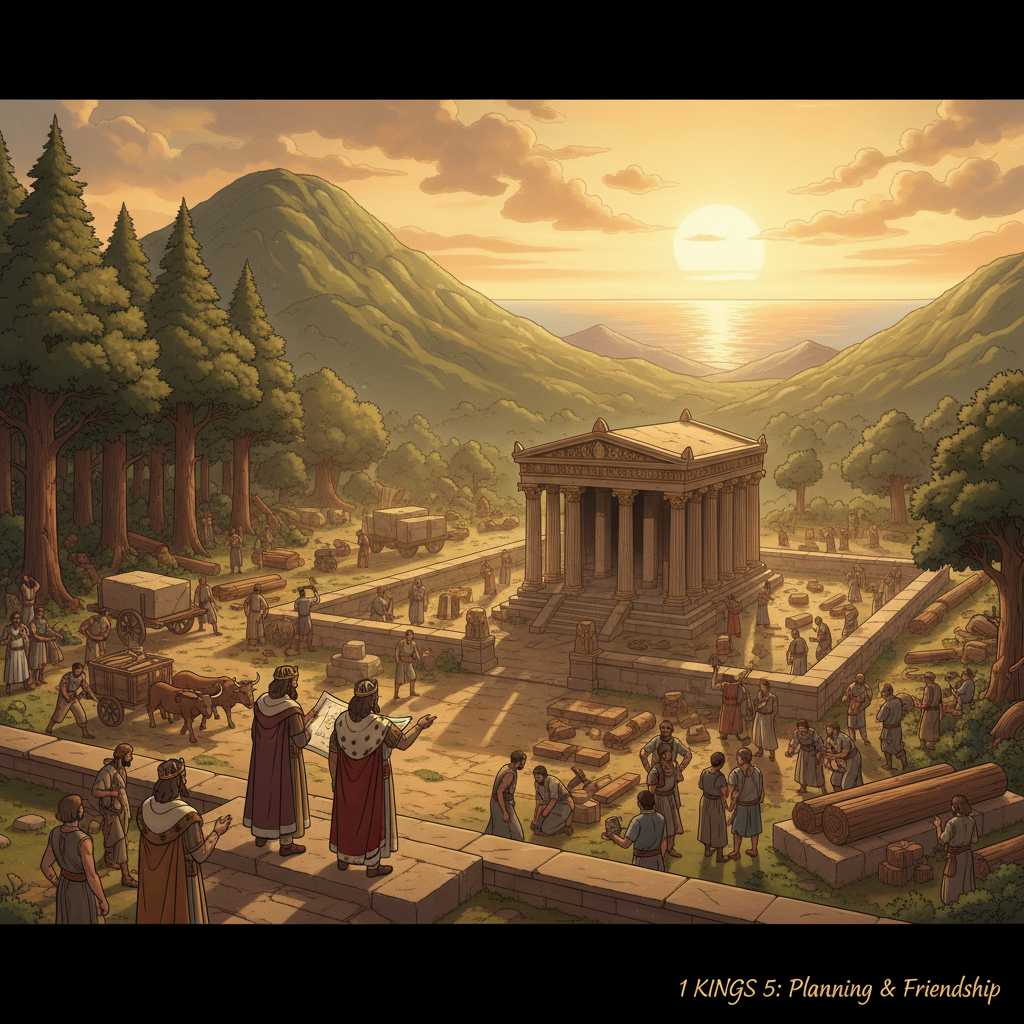 1 Kings Chapter 5 tells us how Solomon prepared to build the temple for the Lord. This chapter teaches us about planning, teamwork, friendship, and honoring God. After Solomon became king and his king...