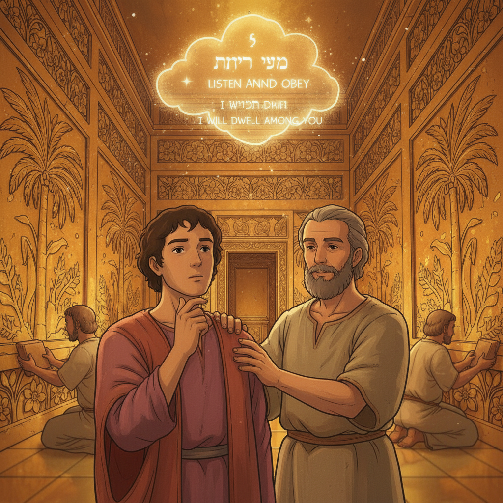 God spoke to Solomon during the building. God reminded Solomon that the most important thing was obedience. God said that if Solomon obeyed His commands, He would live among His people and keep His pr...