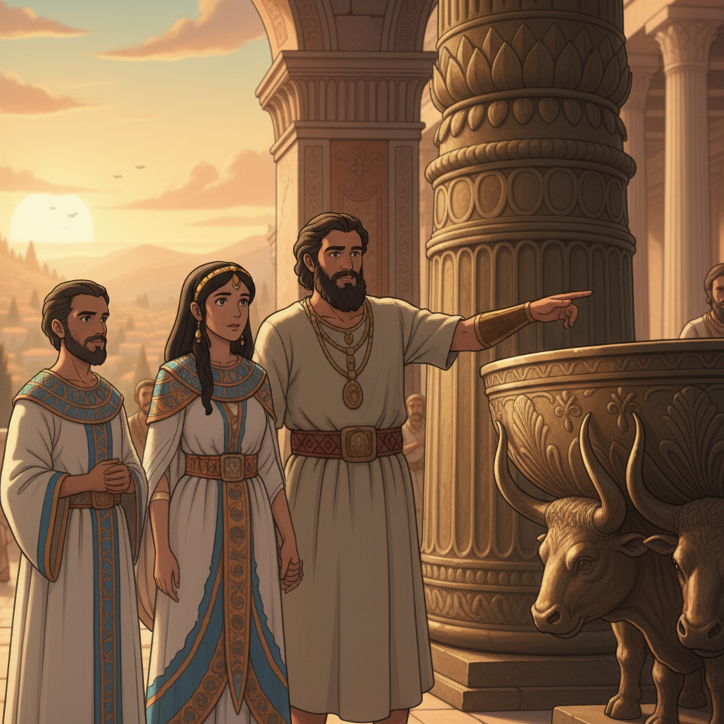 The chapter then talks about a skilled worker named Hiram, who was different from King Hiram of Tyre. This Hiram was a craftsman who was very good at working with bronze. Solomon asked him to make spe...