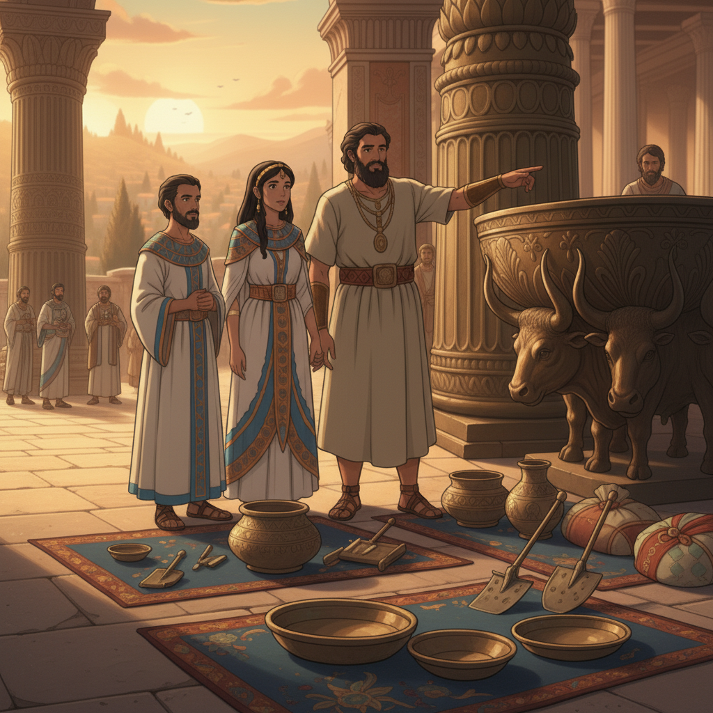 Hiram also made many smaller items such as pots, shovels, and bowls, all made of bronze. Everything was carefully made and placed in the temple. At the end of the chapter, the Bible tells us that Solo...