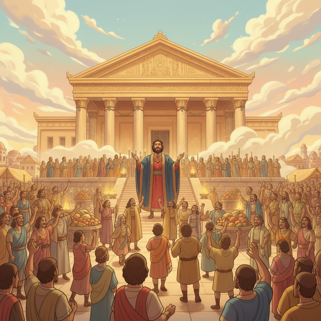 After the prayer, Solomon blessed the people and reminded them to remain faithful to God. He encouraged them to obey God’s commands and walk in His ways. Then the people offered many sacrifices and ce...