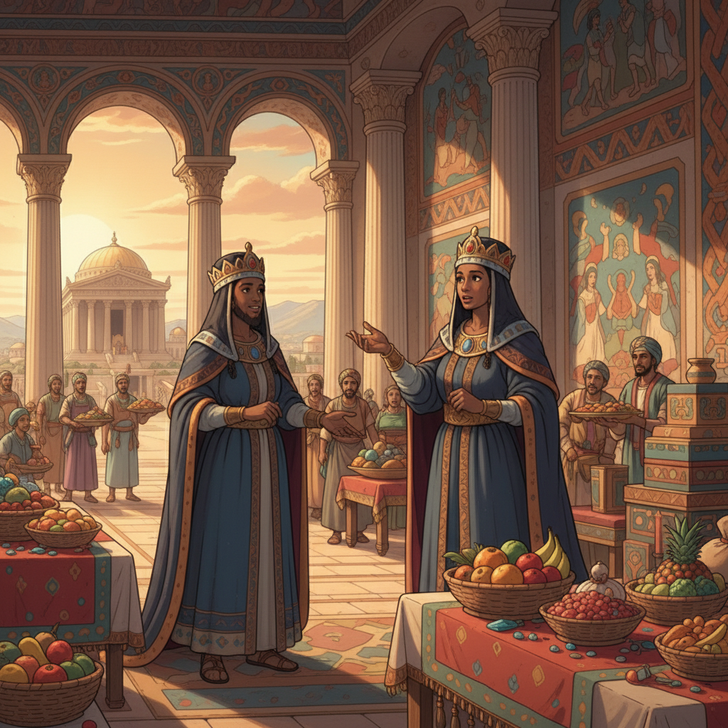 When she arrived, she asked Solomon many hard questions. The Bible says that Solomon answered all her questions. There was nothing too difficult for him to explain. The Queen of Sheba was amazed at hi...