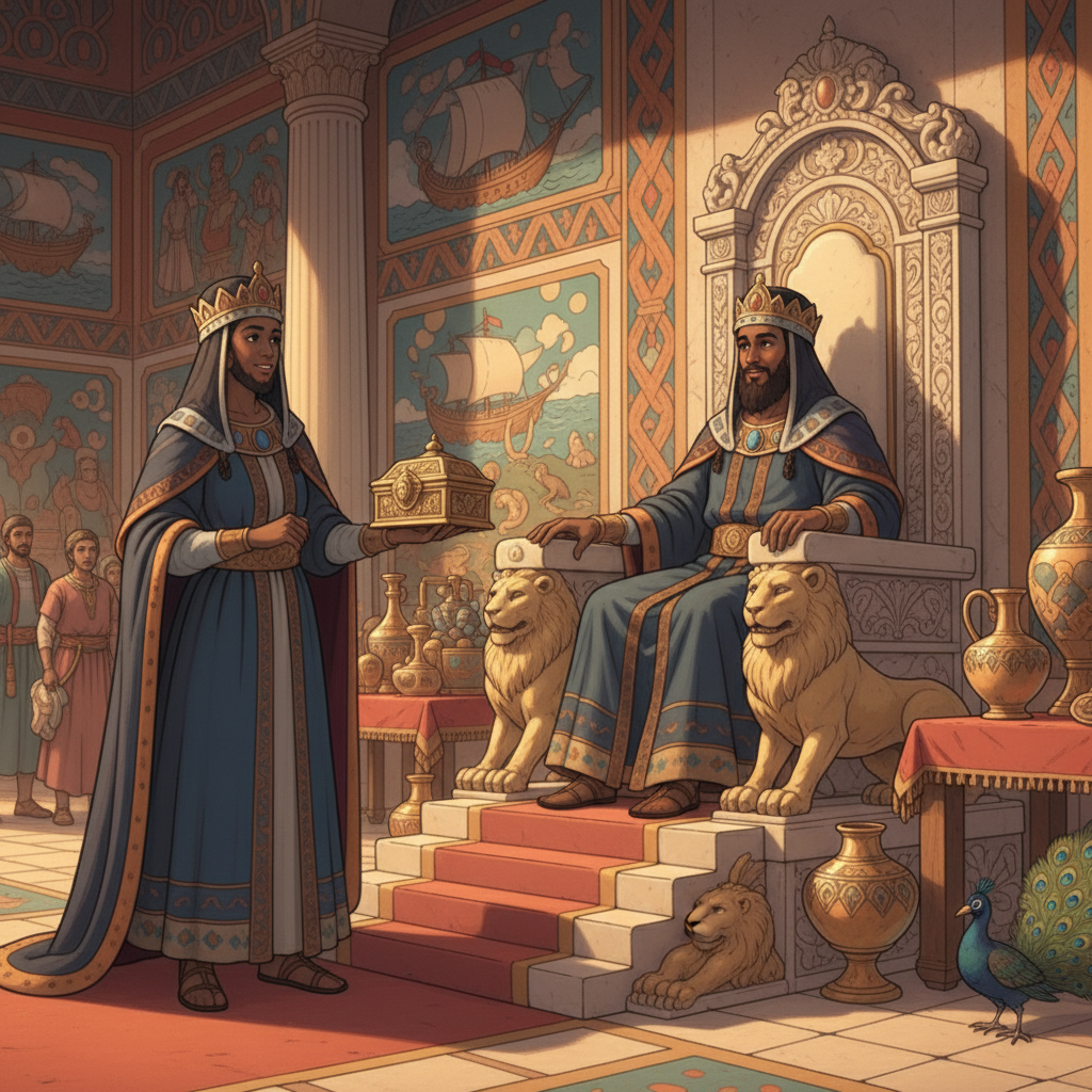 The chapter also describes how rich Solomon was. He received a large amount of gold every year. He made shields of gold and decorated his palace with gold. His throne was made of ivory and covered wit...