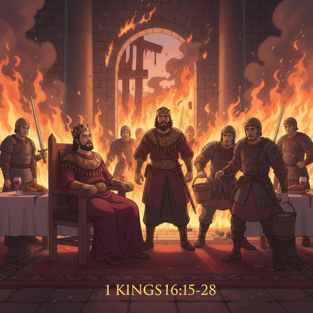 Omri and his army attacked Zimri in the city of Tirzah. When Zimri saw that he was losing, he went into the king’s palace and set it on fire around himself. He died in the fire after ruling for only s...