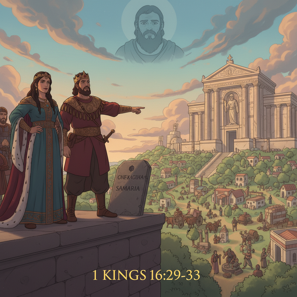 Omri built a new capital city called Samaria. After Omri died, his son Ahab became king. Ahab did even more evil than his father. He married Jezebel and worshipped Baal, a false god. He built a temple...
