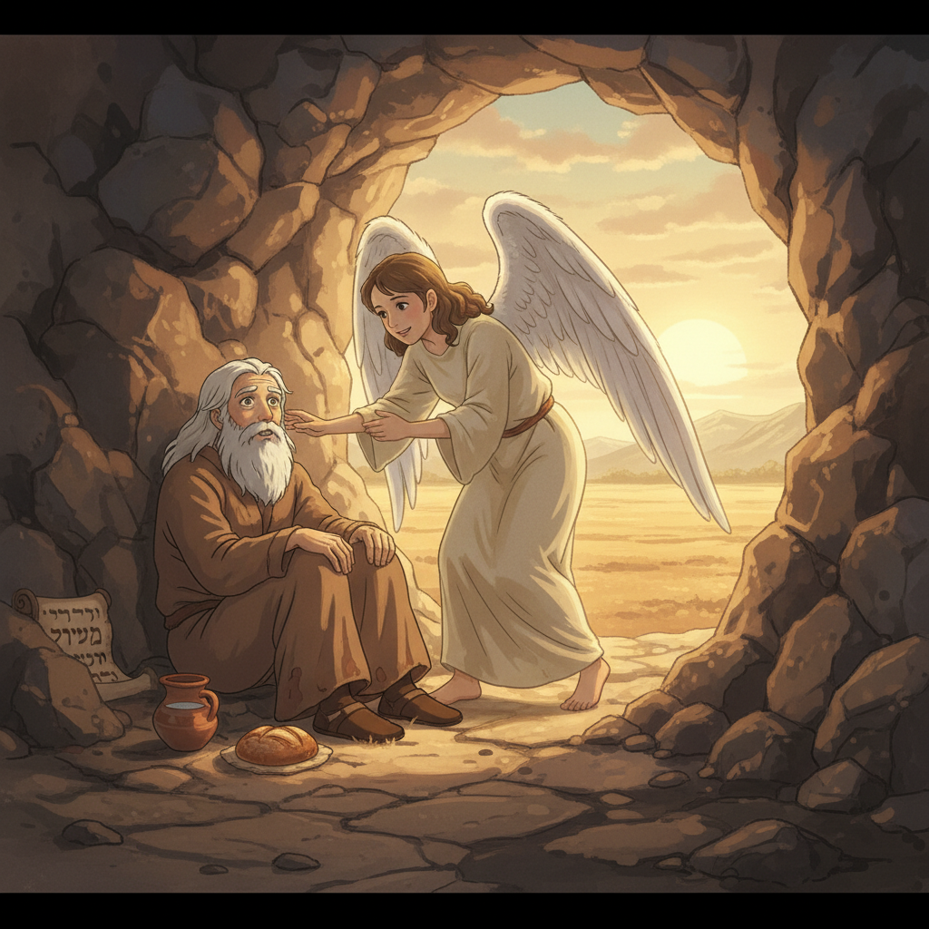But God did not leave Elijah. An angel came and touched him. The angel told him to get up and eat. Elijah saw bread and water near him. He ate and drank, then lay down again. The angel came a second t...