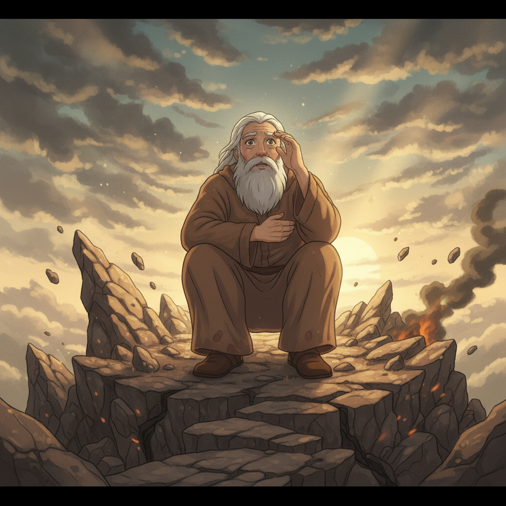 God told Elijah to stand on the mountain because the Lord was about to pass by. First, a strong wind came and broke the rocks apart. But the Lord was not in the wind. Then there was an earthquake, but...