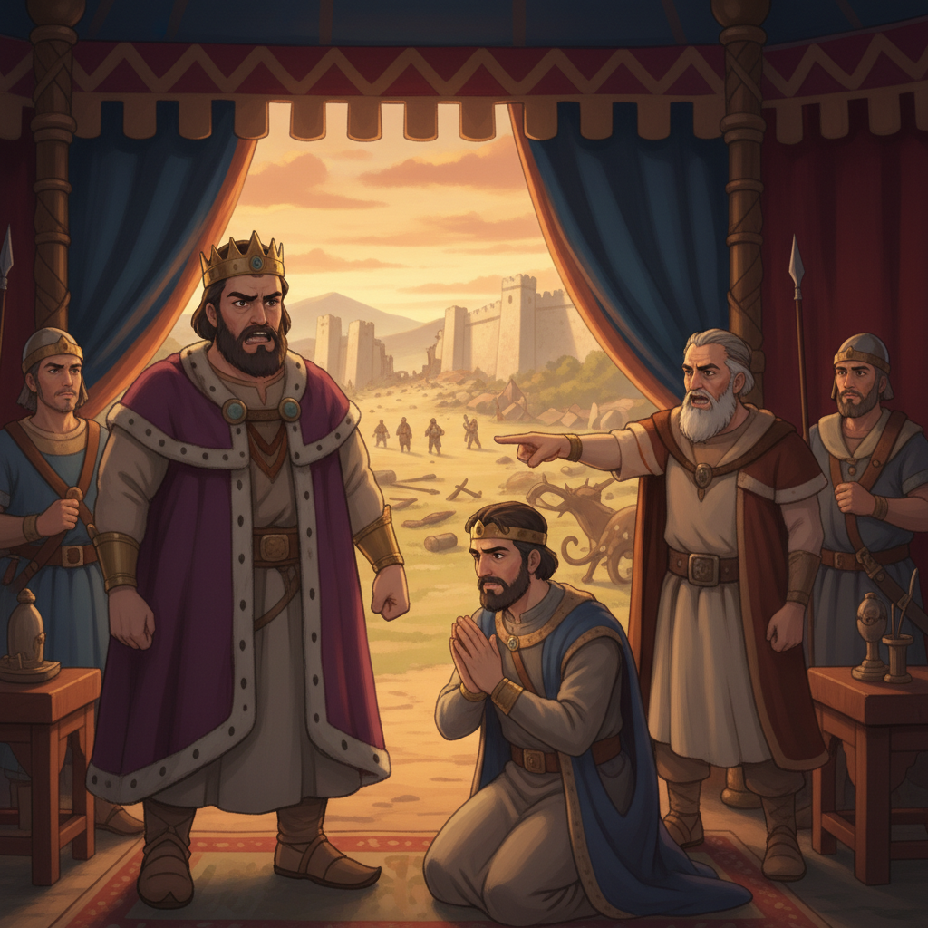 The two armies met again. Even though the Syrian army was much larger, Israel defeated them. Many Syrian soldiers were killed, and the rest fled into a city. A wall fell on many of them. Ben-Hadad hid...