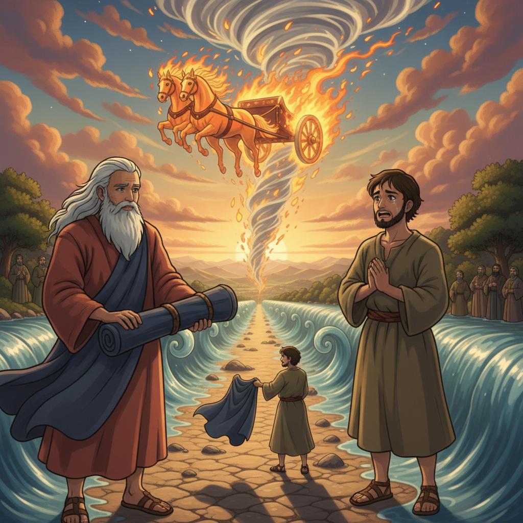 As they walked and talked, suddenly a chariot of fire and horses of fire appeared. Elijah was taken up to heaven in a whirlwind. Elisha saw it happen and cried out in sadness because his teacher was g...