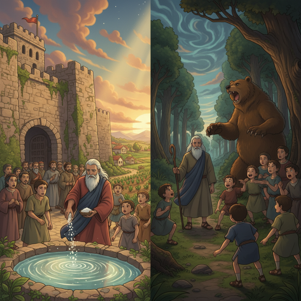 After this, the people of Jericho asked Elisha to help them because their water was bad and the land was not growing crops. Elisha threw salt into the spring and said that the Lord had healed the wate...