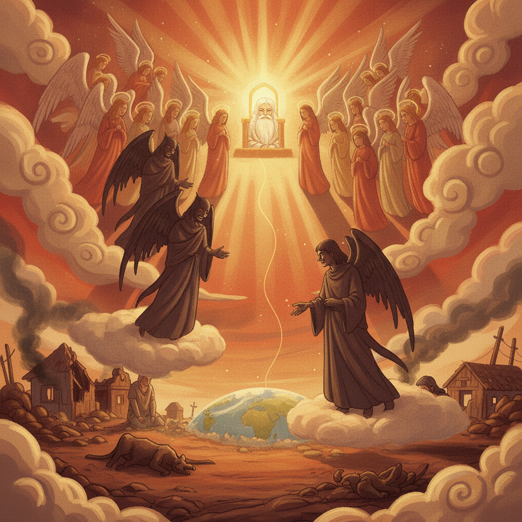 God asked Satan where he had been. Satan answered that he had been going throughout the earth. God reminded Satan that Job was still faithful, even after losing his wealth and his children. God said t...