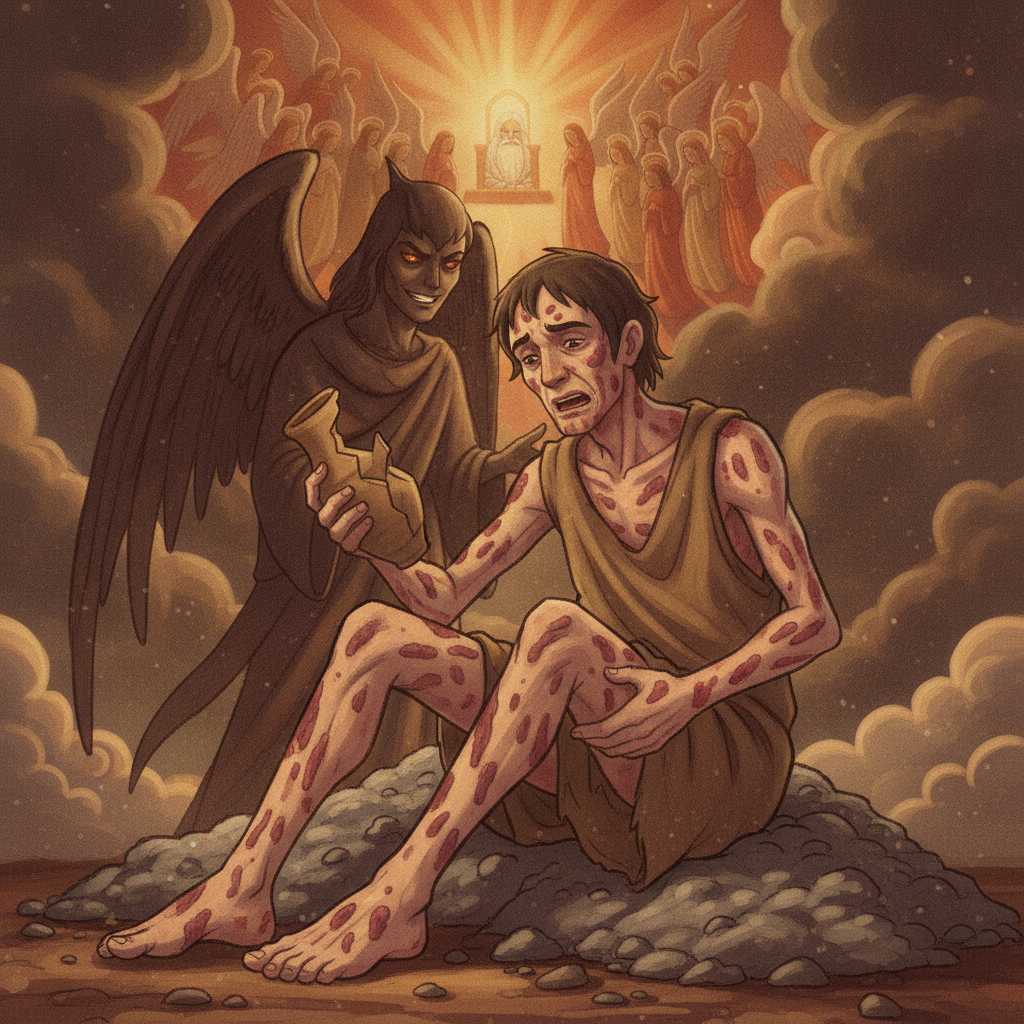 Satan caused Job to have painful sores all over his body, from the soles of his feet to the top of his head. Job sat among ashes and used a piece of broken pottery to scrape his sores because they wer...