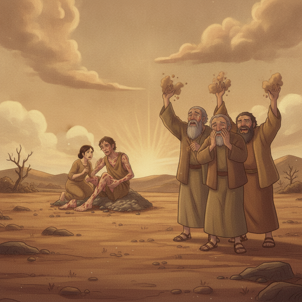 They traveled to visit Job and comfort him. When they saw Job from a distance, they hardly recognized him because he was suffering so much. They cried loudly, tore their robes, and threw dust into the...