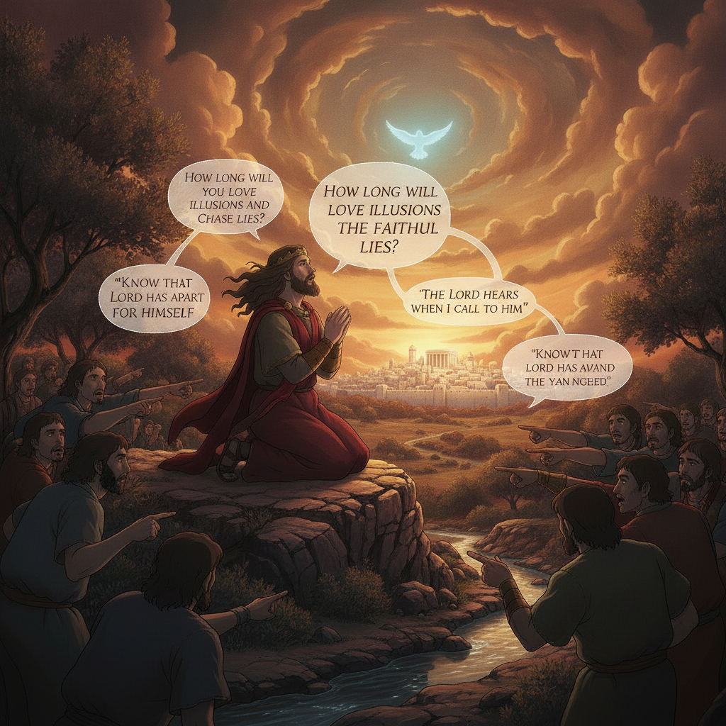 David asks people who are doing wrong how long they will continue loving lies and chasing after worthless things. He reminds them that God has chosen people who are faithful to Him. God listens when H...