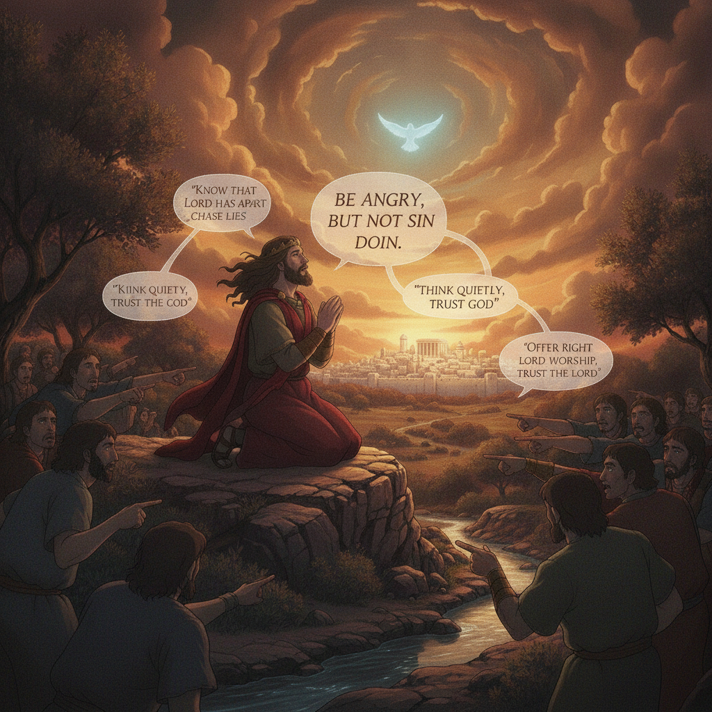 David then gives important advice. He tells people to be angry without doing wrong. Instead of allowing anger to lead to sinful actions, they should think quietly and trust God. He also encourages peo...