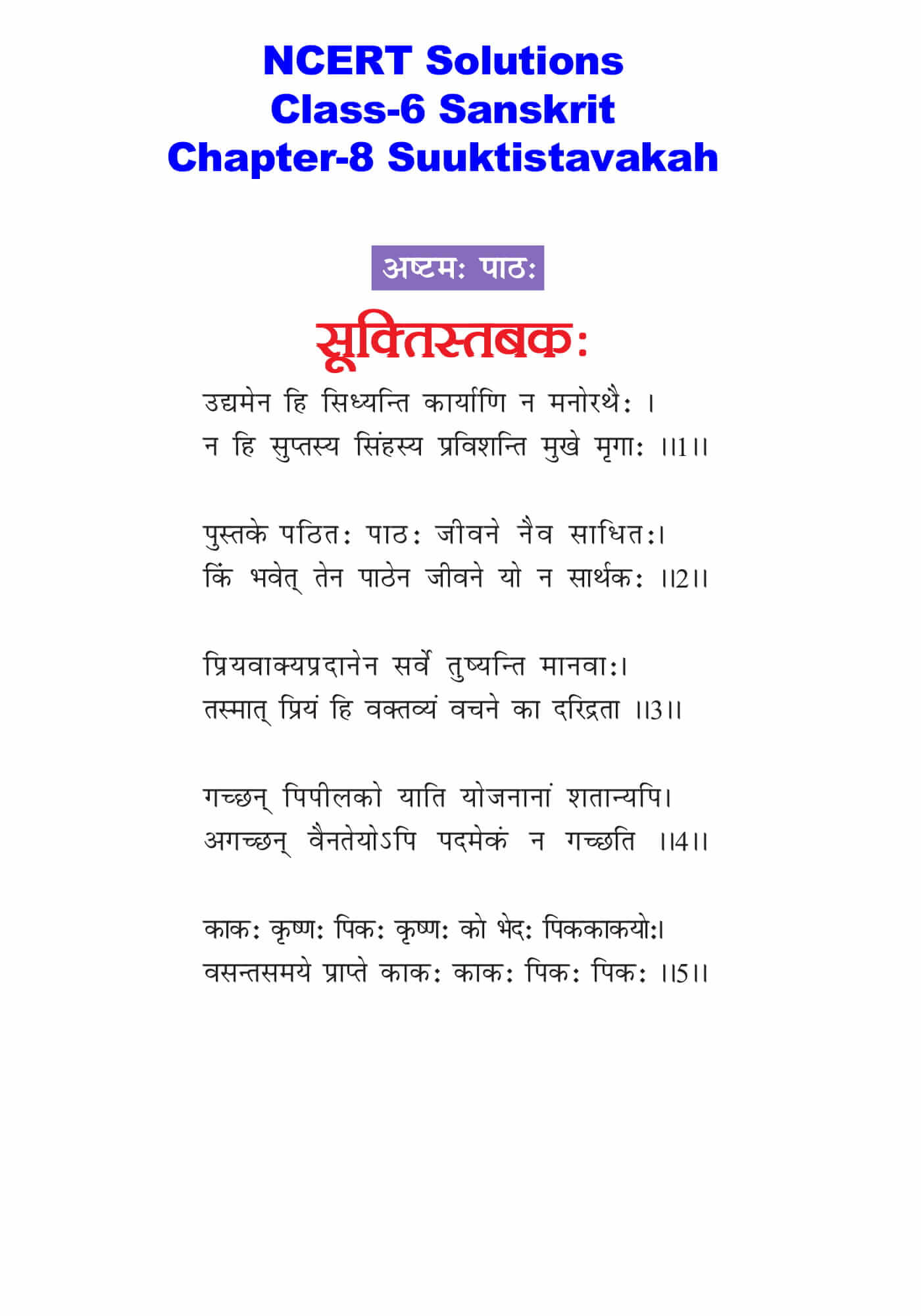 NCERT Solutions For Class 6 Sanskrit Chapter 8 सूक्तिस्तबकः