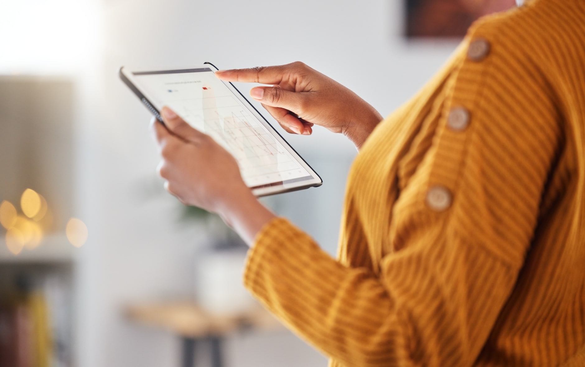 Woman, hands and tablet with data analysis, connection and information for digital marketing with b