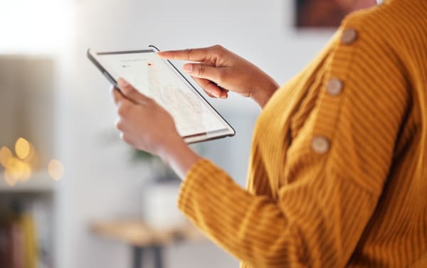 Woman, hands and tablet with data analysis, connection and information for digital marketing with b