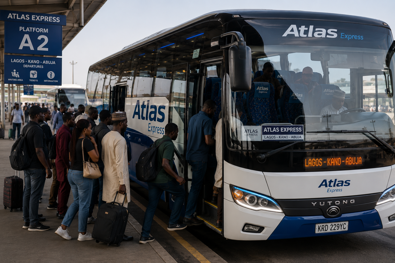 Commuters boarding an intercity bus with available seats