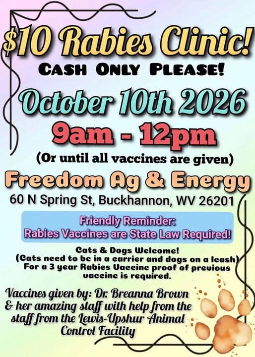 $10 Rabies Clinic at Freedom Ag & Energy
