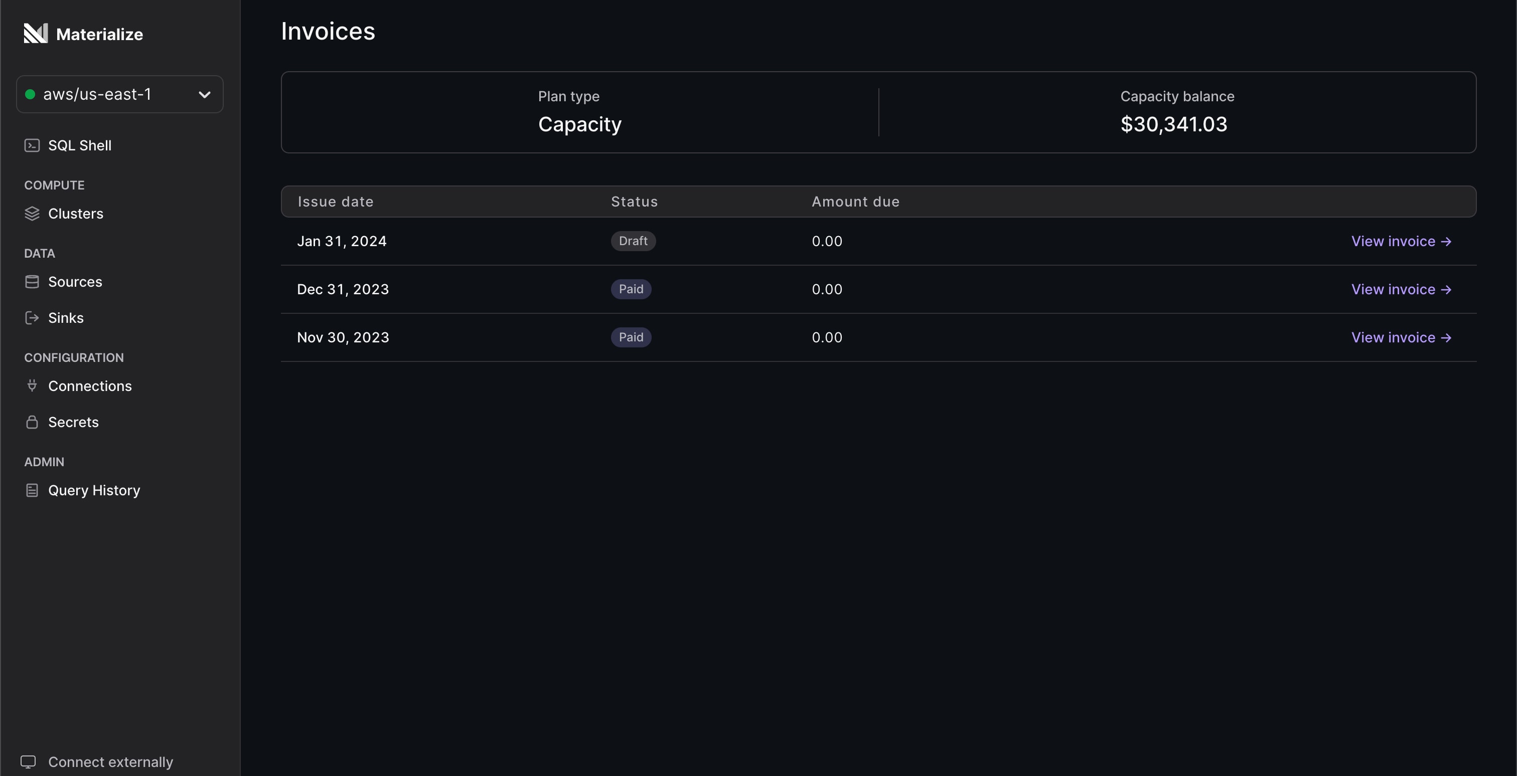 Monitor your capacity balance in the Materialize console