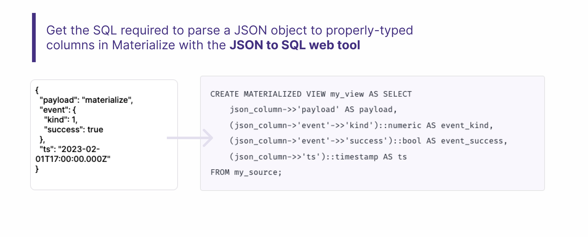 Use the JSON to SQL web tool to get the SQL necessary to parse a JSON object