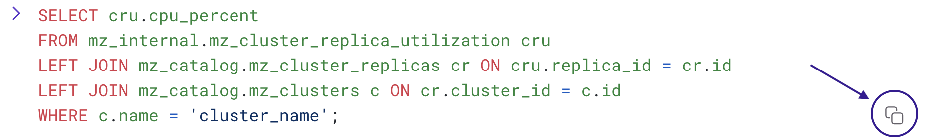 A copy button next to a SQL query in the Console UI